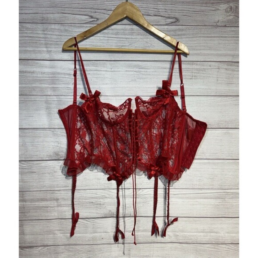 Victoria's Secret Vintage Corset Garter Bustier 36C Lace Gold Label Red Festival